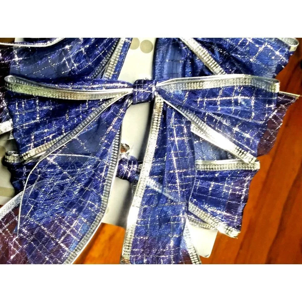 NEW Christmas Bows Blue Silver checkered ribbon bows ties set of 12 Bag bows